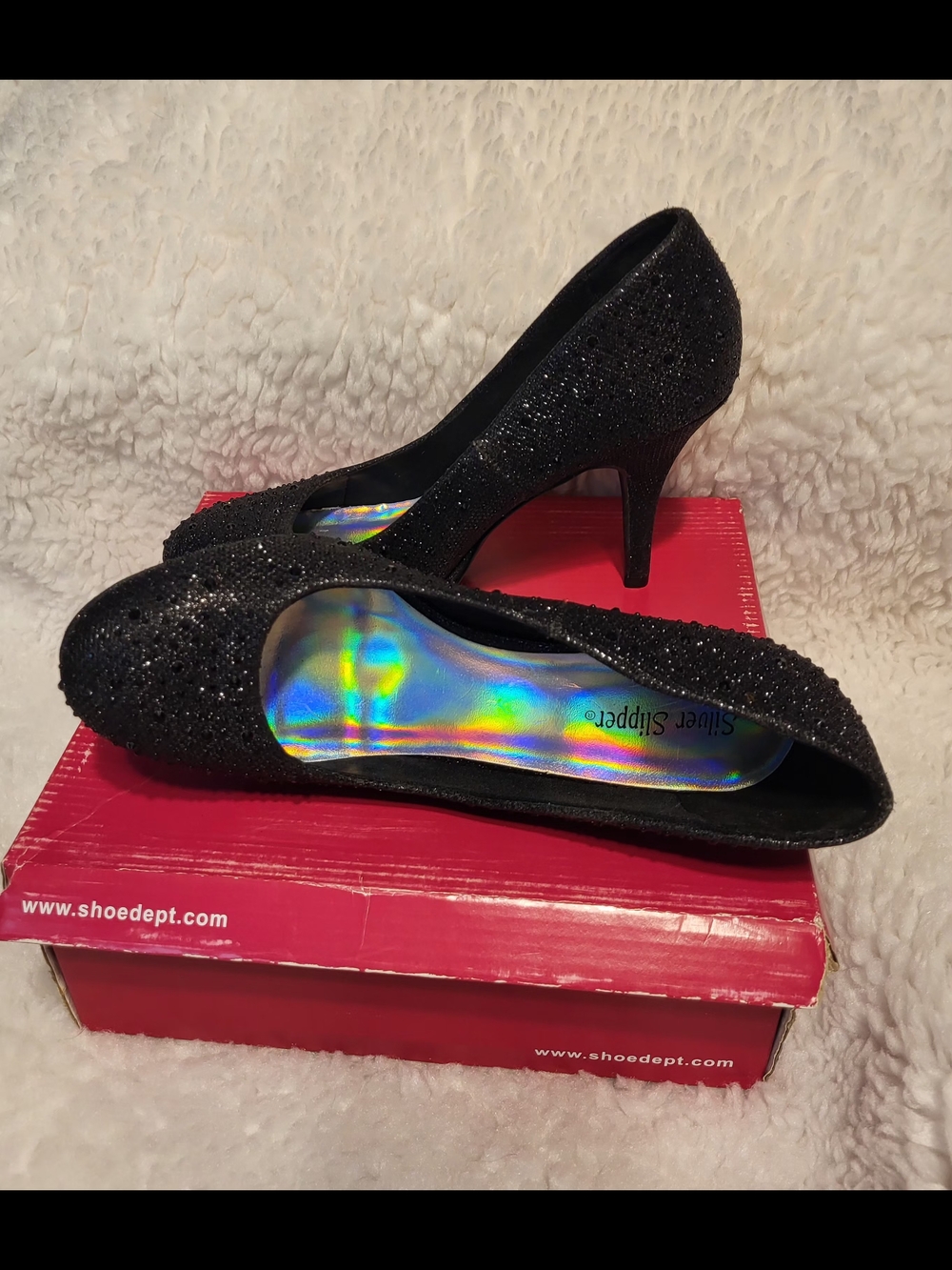 Silver Slipper Black Glitter Mid Heel Pumps